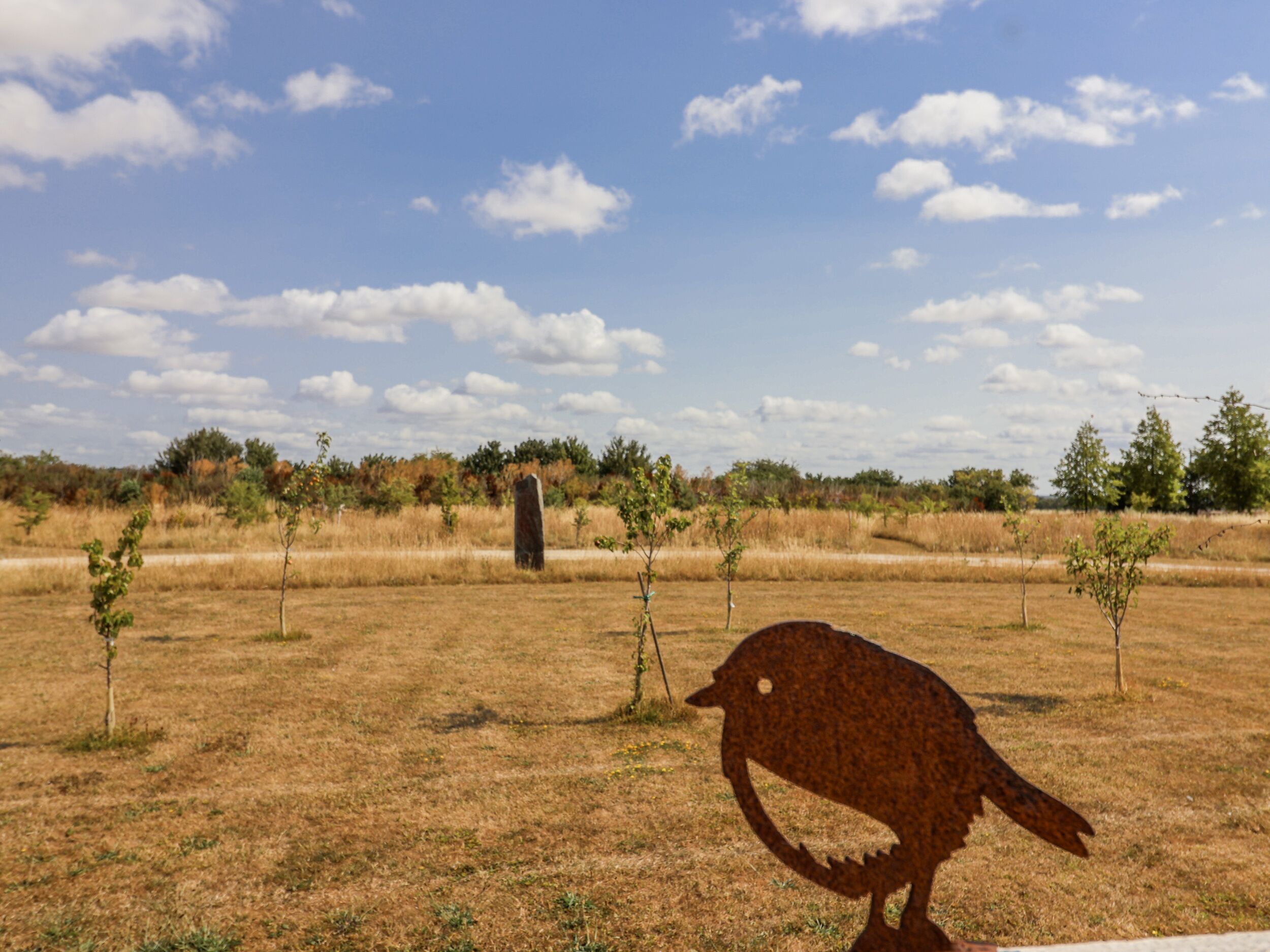 Escultura de un ave en un campo con cielo despejado y árboles a lo lejos.