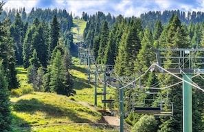 A cable car system in a forested area with a clear sky.