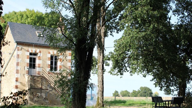 Un edificio de piedra con una escalera, un árbol al frente y un espacio cubierto de césped con dos sillas.