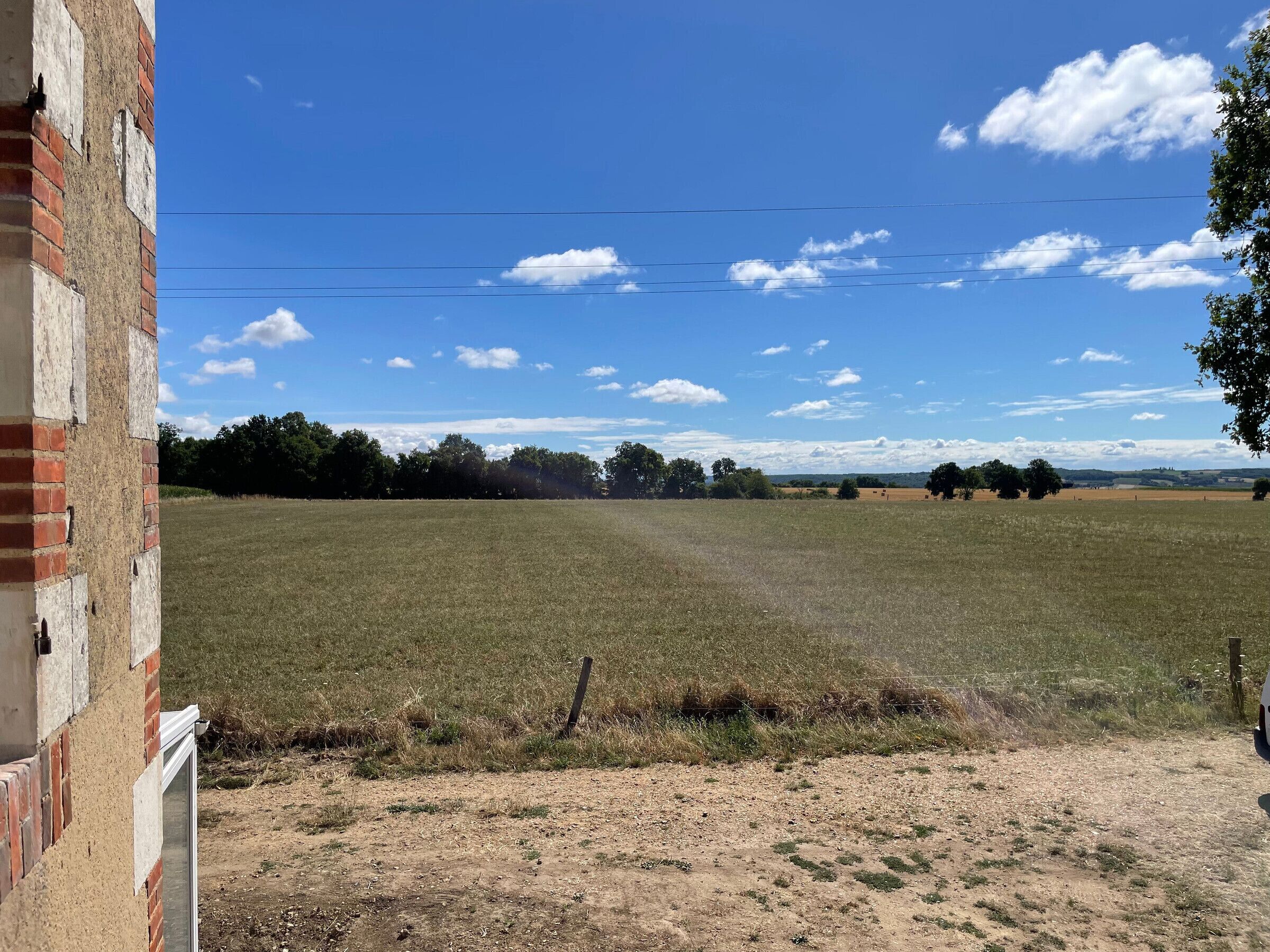 Blick auf ein Feld mit einem Backsteinhaus links und einem klaren, blauen Himmel mit vereinzelten Wolken.
