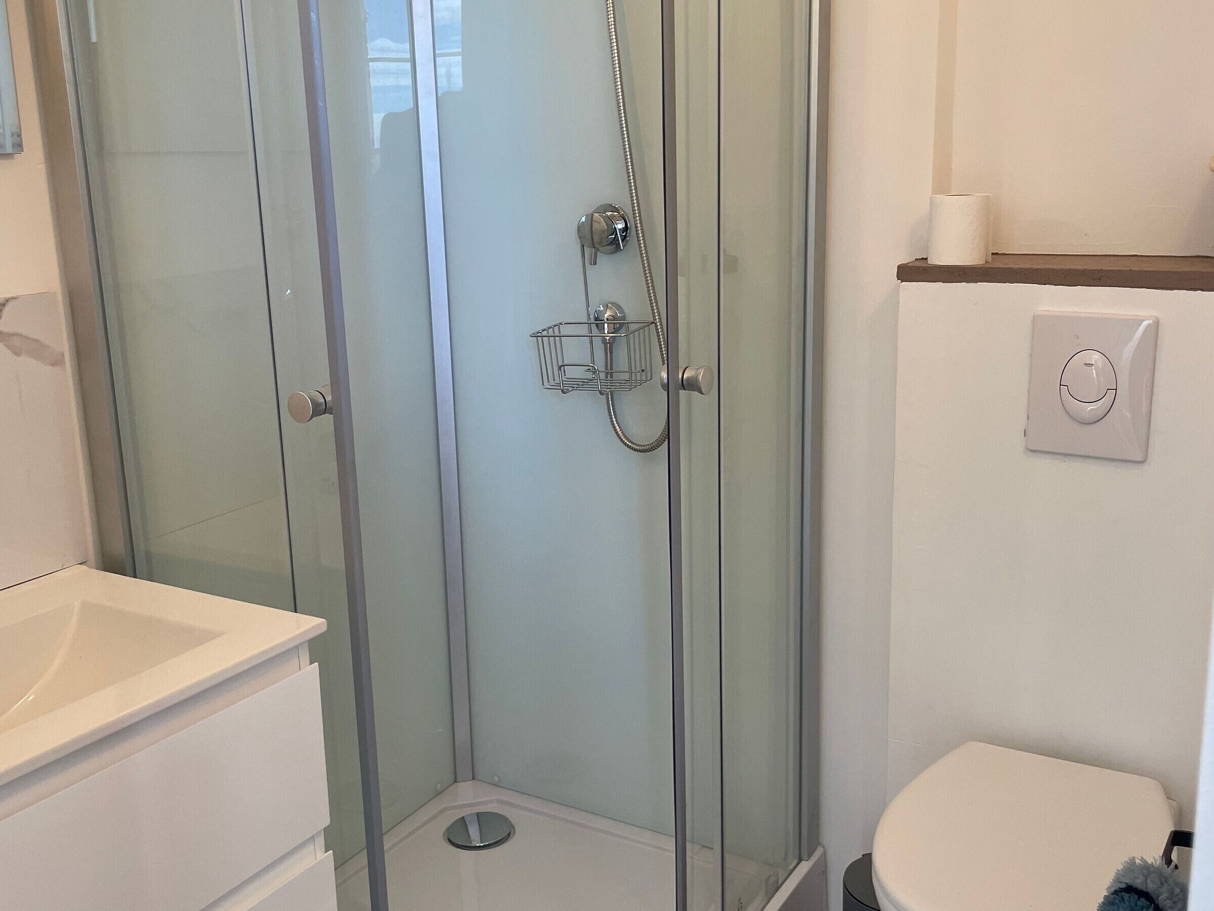 A bathroom with a glass-enclosed shower, a white toilet, and a white sink.