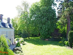 Een goed onderhouden tuin met een grote boom, een wit huis en strakke hagen.