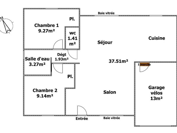 A floor plan of a house with two bedrooms, a bathroom, a living room, a kitchen, a dining area, a garage, and a balcony.