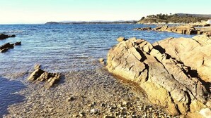 A rocky shoreline with clear water and distant hills.