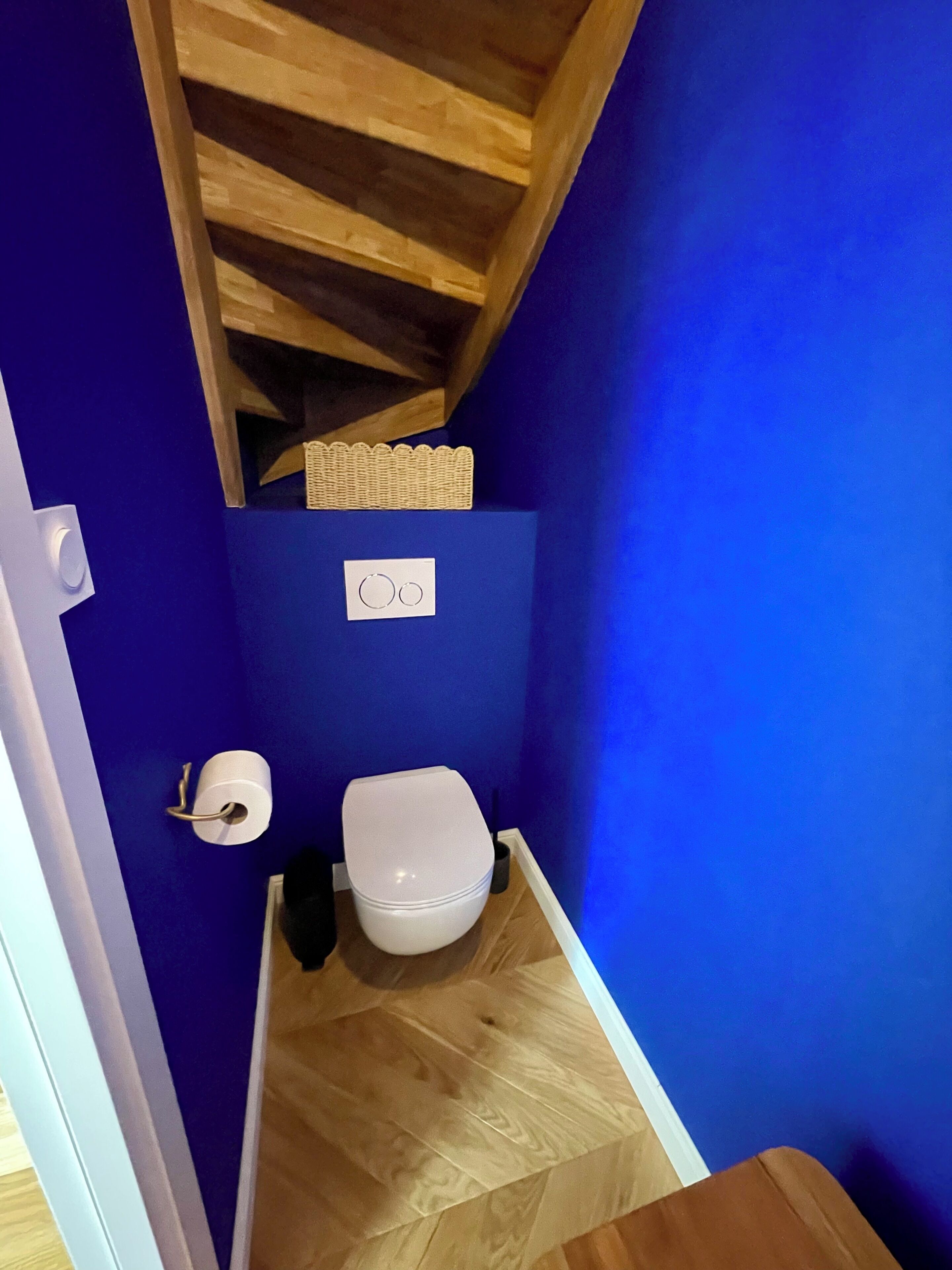 A small bathroom with a wooden ceiling, a toilet, and a blue wall.