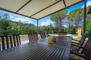A covered outdoor seating area with a table and chairs, surrounded by a view of a green landscape and trees.