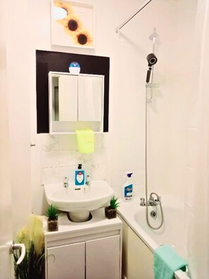 Hair dryer, bidet, towels, soap