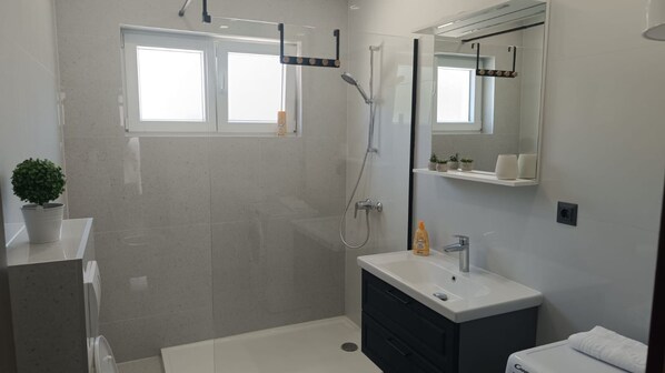 A modern bathroom with a shower, a sink, a mirror, and a potted plant.