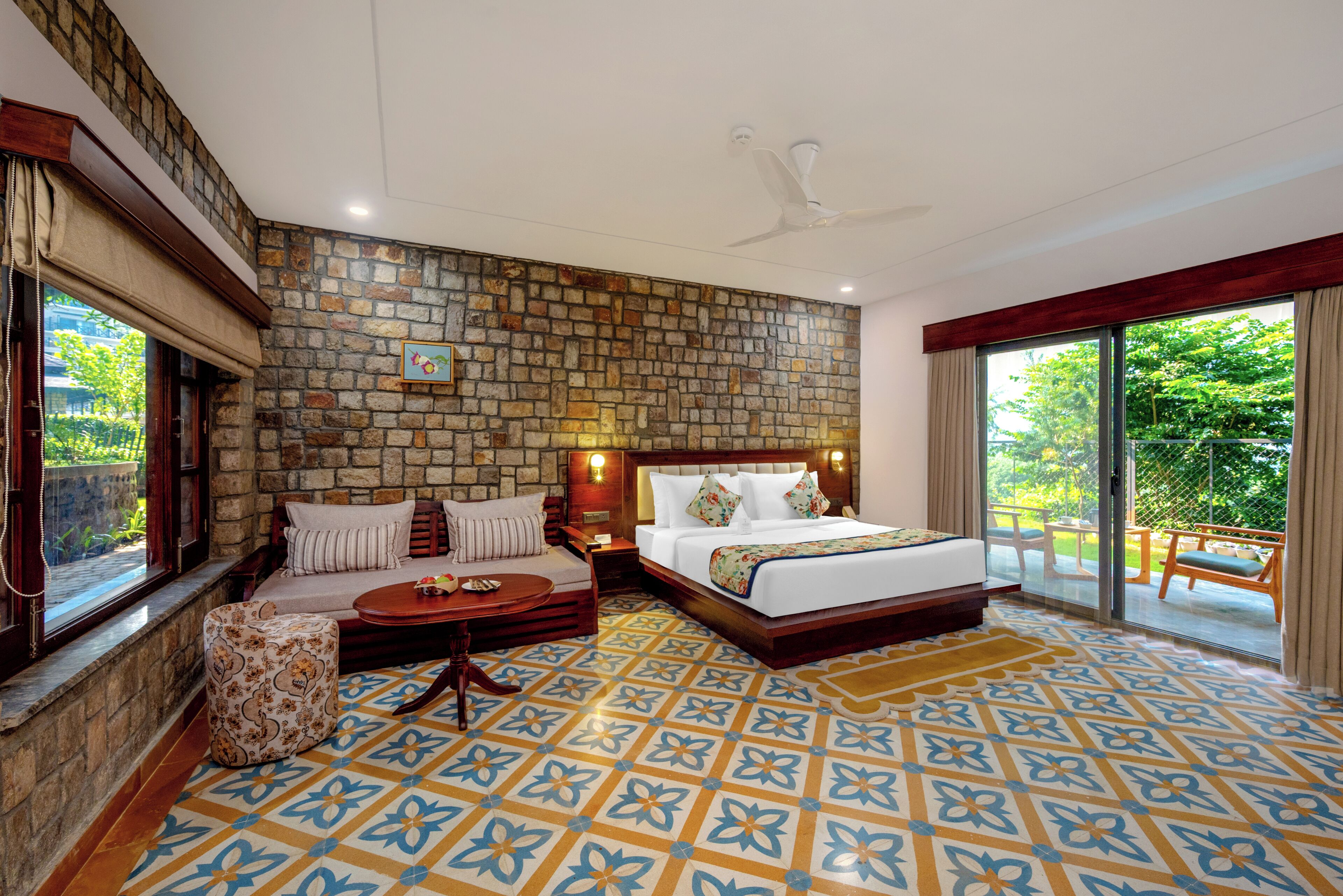 Pushpa Vatika (Luxury Valley View Room with Private Garden) | In-room safe, desk, blackout curtains, iron/ironing board