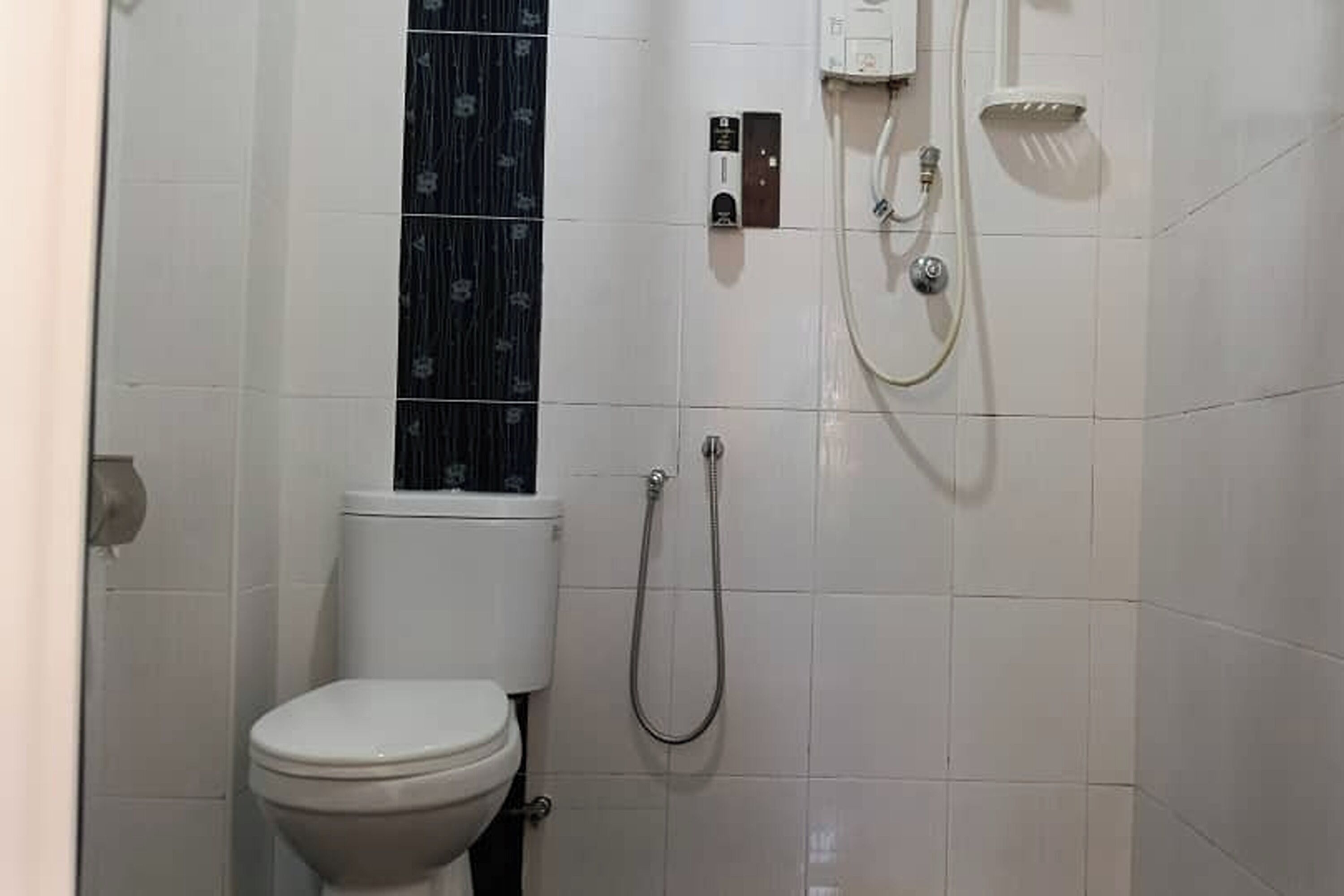 A small, clean bathroom with a toilet, a shower, and a wall-mounted faucet.
