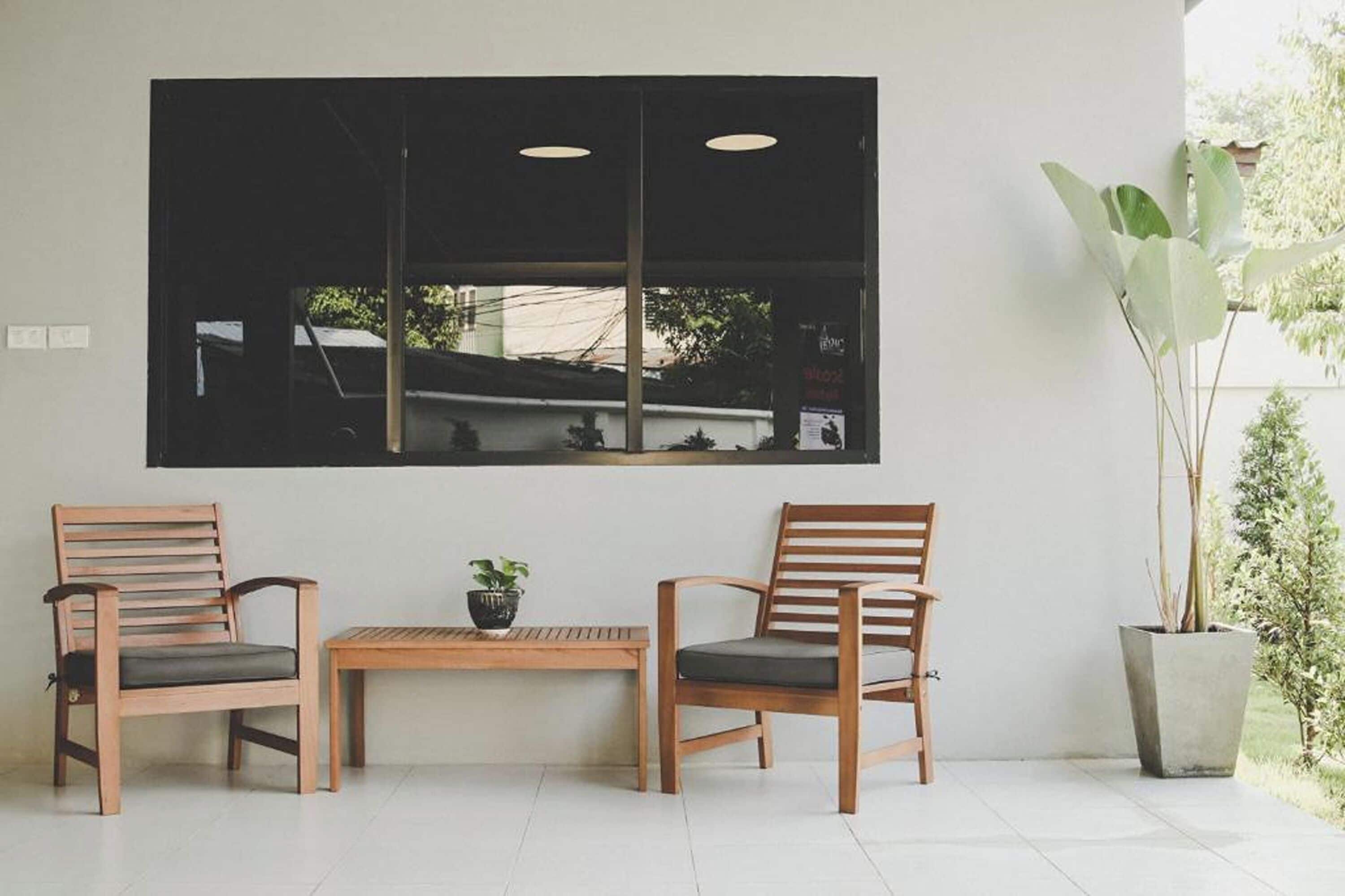 A room with two wooden chairs, a small table, and a large potted plant.
