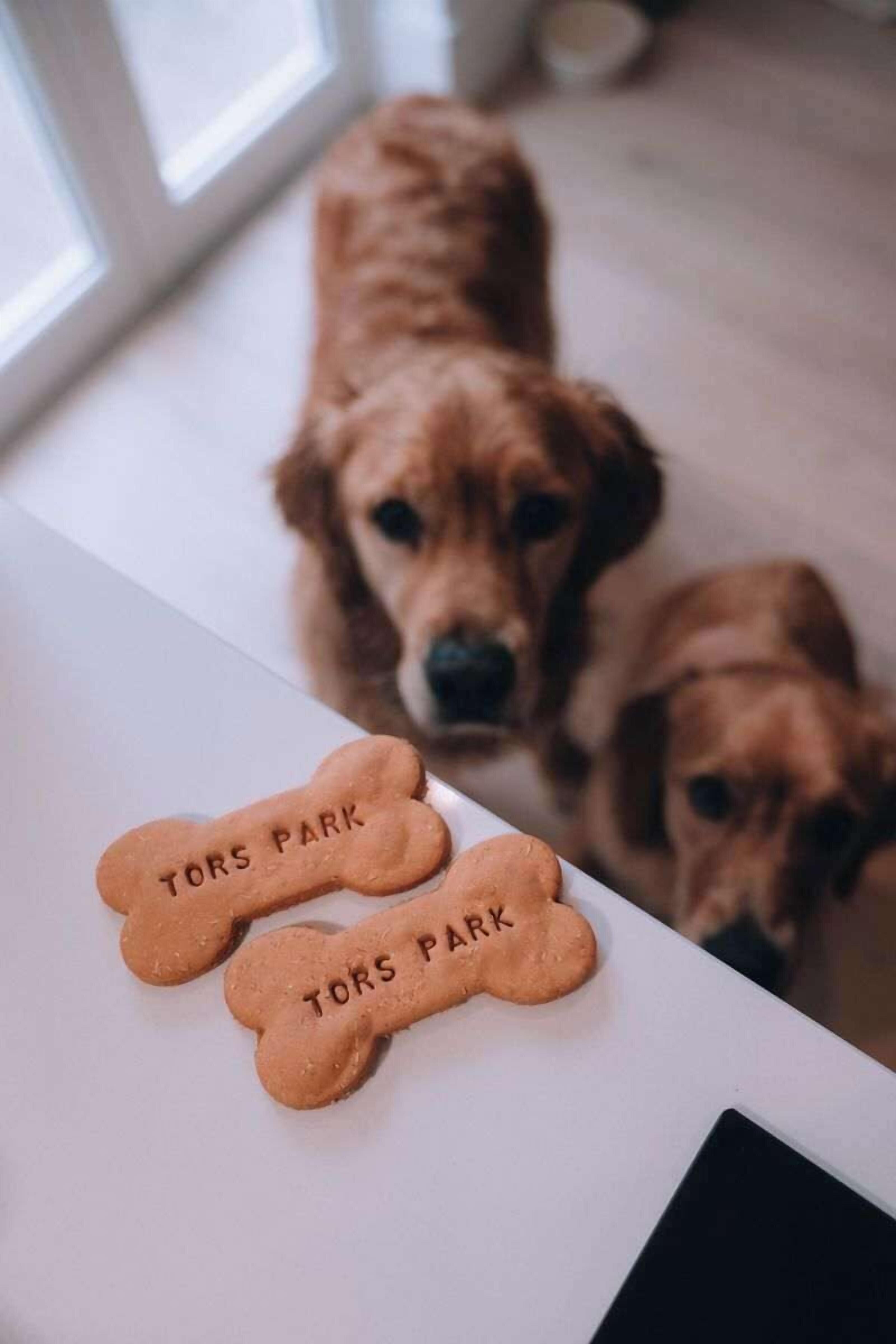 Een tafel met twee koekjes in de vorm van botten, gelabeld 'TORS PARK', en een hond op de achtergrond.