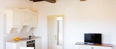 Fridge, microwave, stovetop, coffee/tea maker