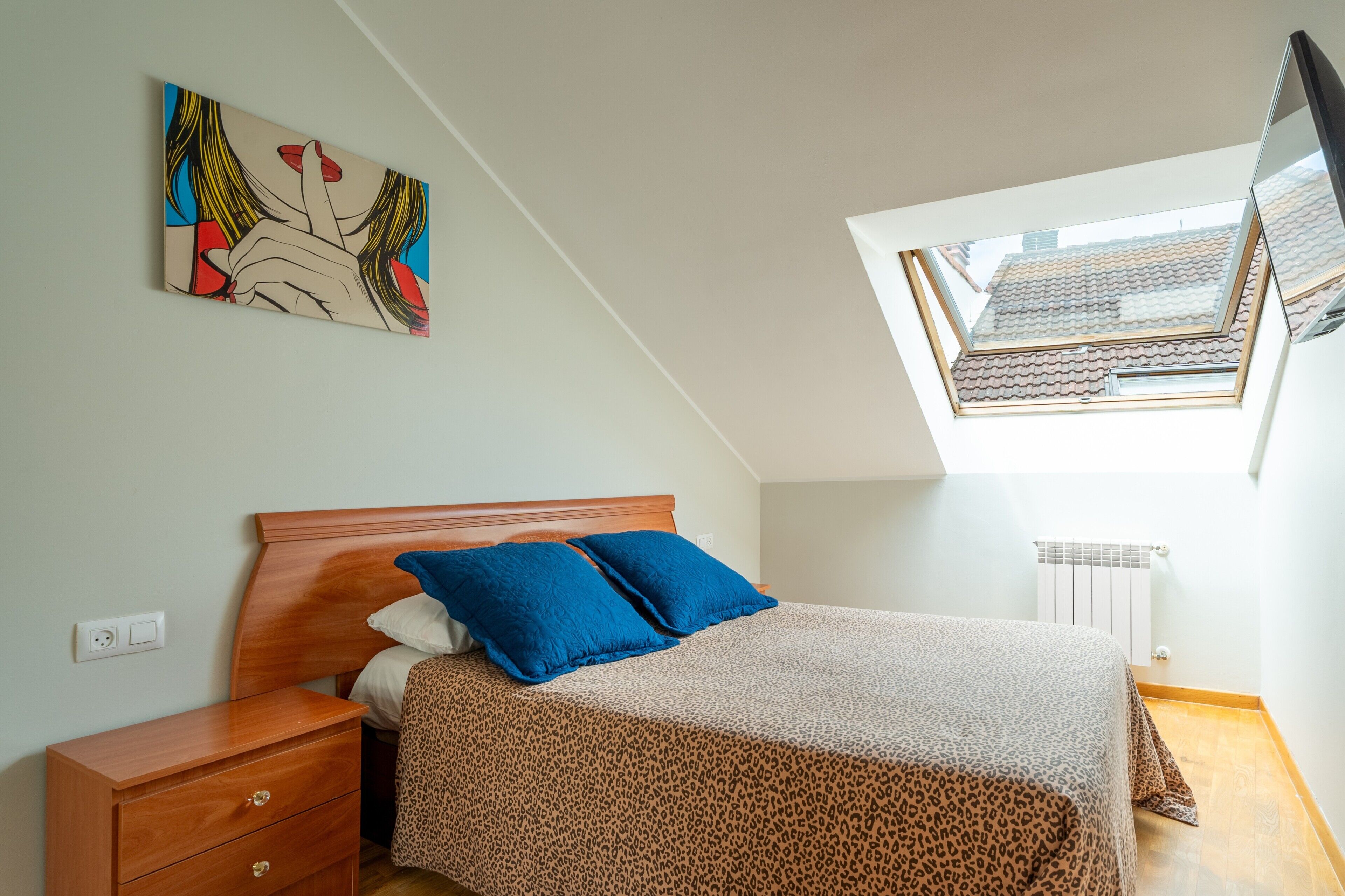 A bedroom with a bed, a nightstand, a wooden dresser, a skylight, and a radiator.