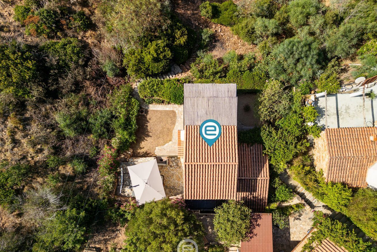 An aerial view of a residential area with a house featuring a tiled roof, surrounded by greenery and other buildings.