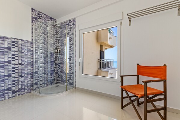 Shower, hair dryer, bidet, towels
