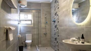 Shower, hair dryer, bidet, towels