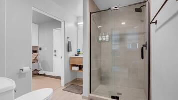 Shower, hair dryer, shampoo