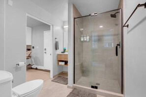 Shower, hair dryer, shampoo
