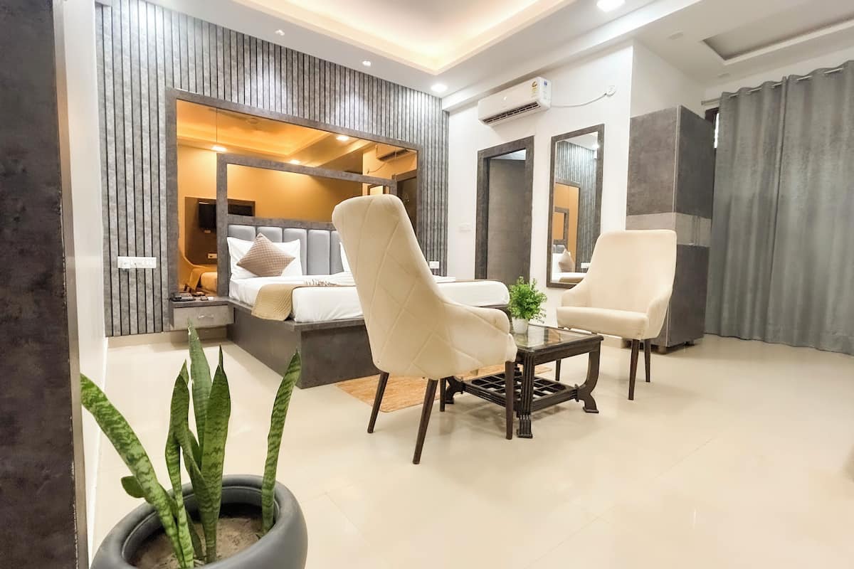 Un salon moderne avec un canapé, des fauteuils, une table basse et une plante en pot.