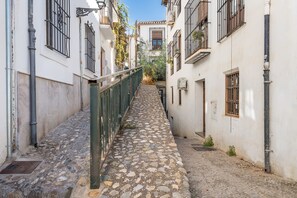 Un estrecho callejón empedrado con edificios blancos, barandillas metálicas y un cielo azul despejado.