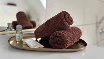 Hair dryer, towels, toilet paper