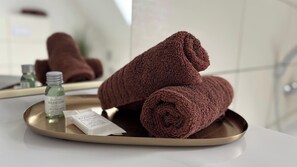 Hair dryer, towels, toilet paper