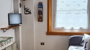 A room with a wooden floor, a television on a shelf, a window with a view, and a couch. - Tabià Iori:Cozy apartment in the historic center of Bormio, pets allowed (Bormio)