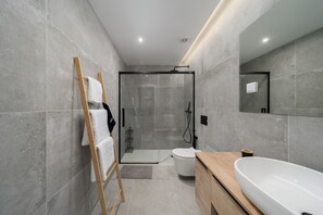 Shower, hair dryer, towels, toilet paper