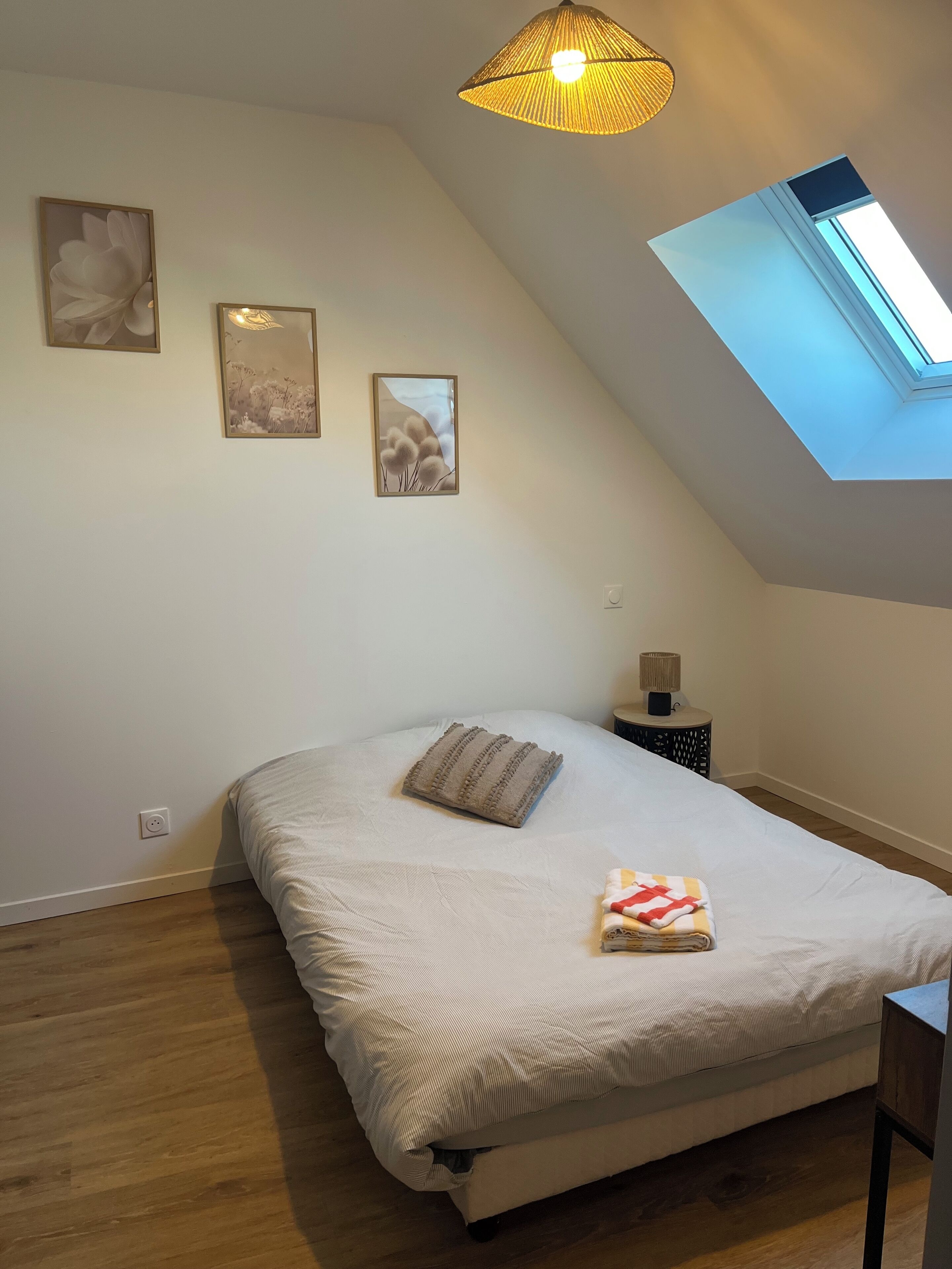 A bedroom with a large bed, a skylight, and three framed pictures on the wall.