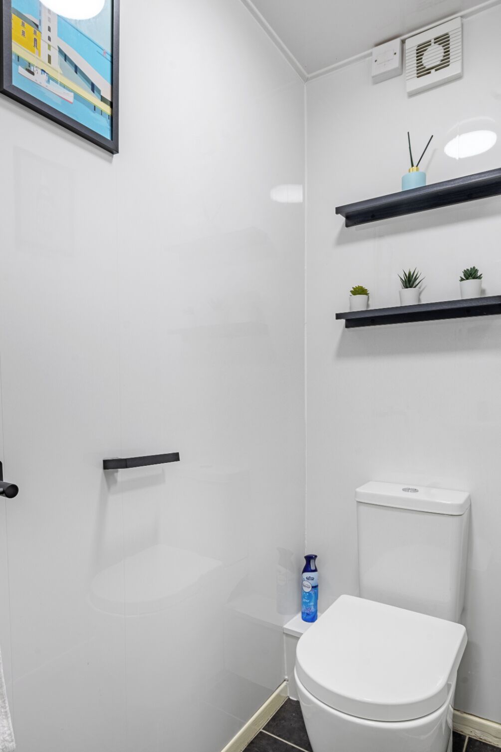 Un bany modern amb un vàter blanc, una zona de banyera i una petita estant amb plantes.