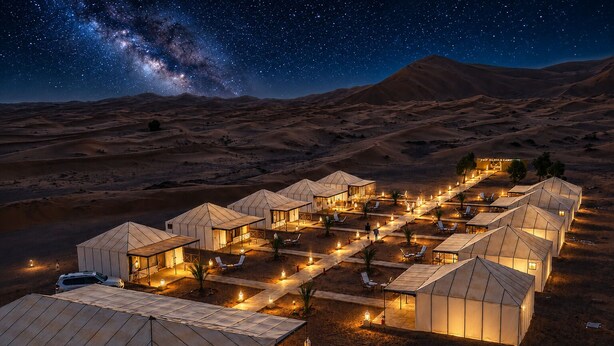 A desert camp with multiple tents, pathways, and a starry night sky.