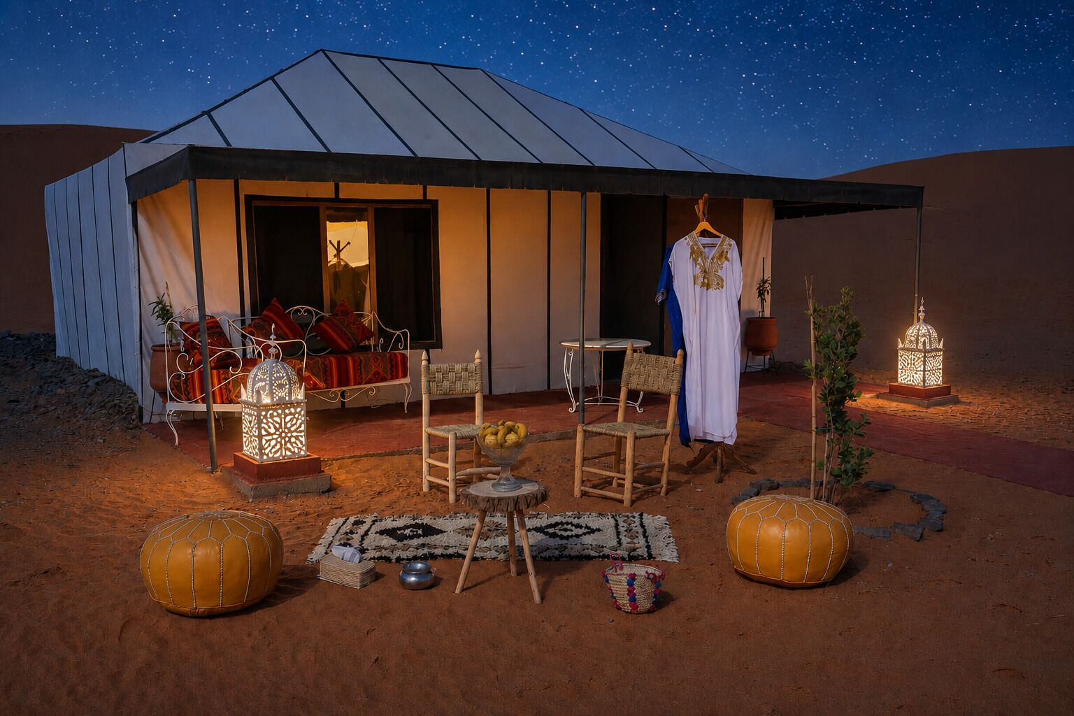 A desert tent with a starry night sky, a hanging garment, and traditional decor.