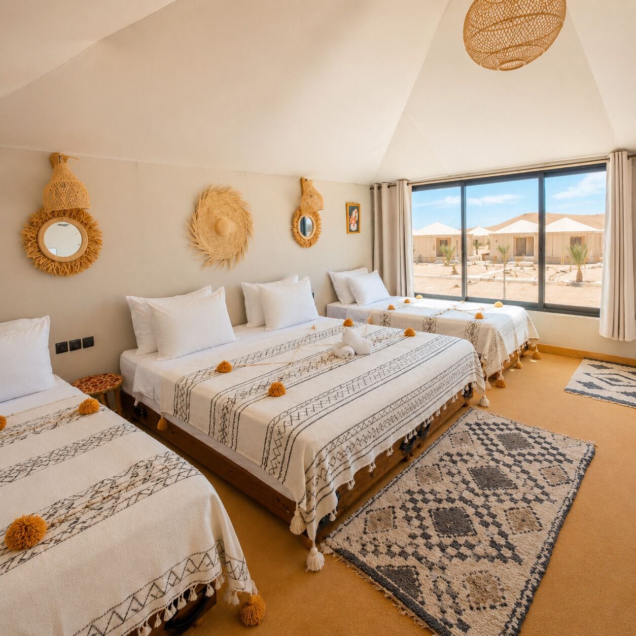 Une chambre d’hôtel avec trois lits, une grande fenêtre et une vue sur des tentes dans le désert.