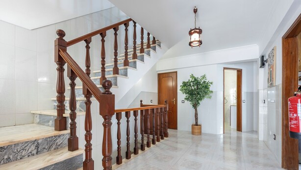 Un escalier avec des balustrades en bois et des marches en marbre, menant à un palier où se trouvent un pot de fleurs et un extincteur.