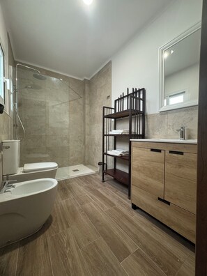 Shower, rainfall showerhead, hair dryer, soap
