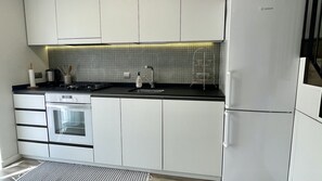 Fridge, microwave, oven, coffee/tea maker