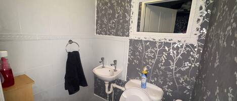 Hair dryer, towels, soap, toilet paper