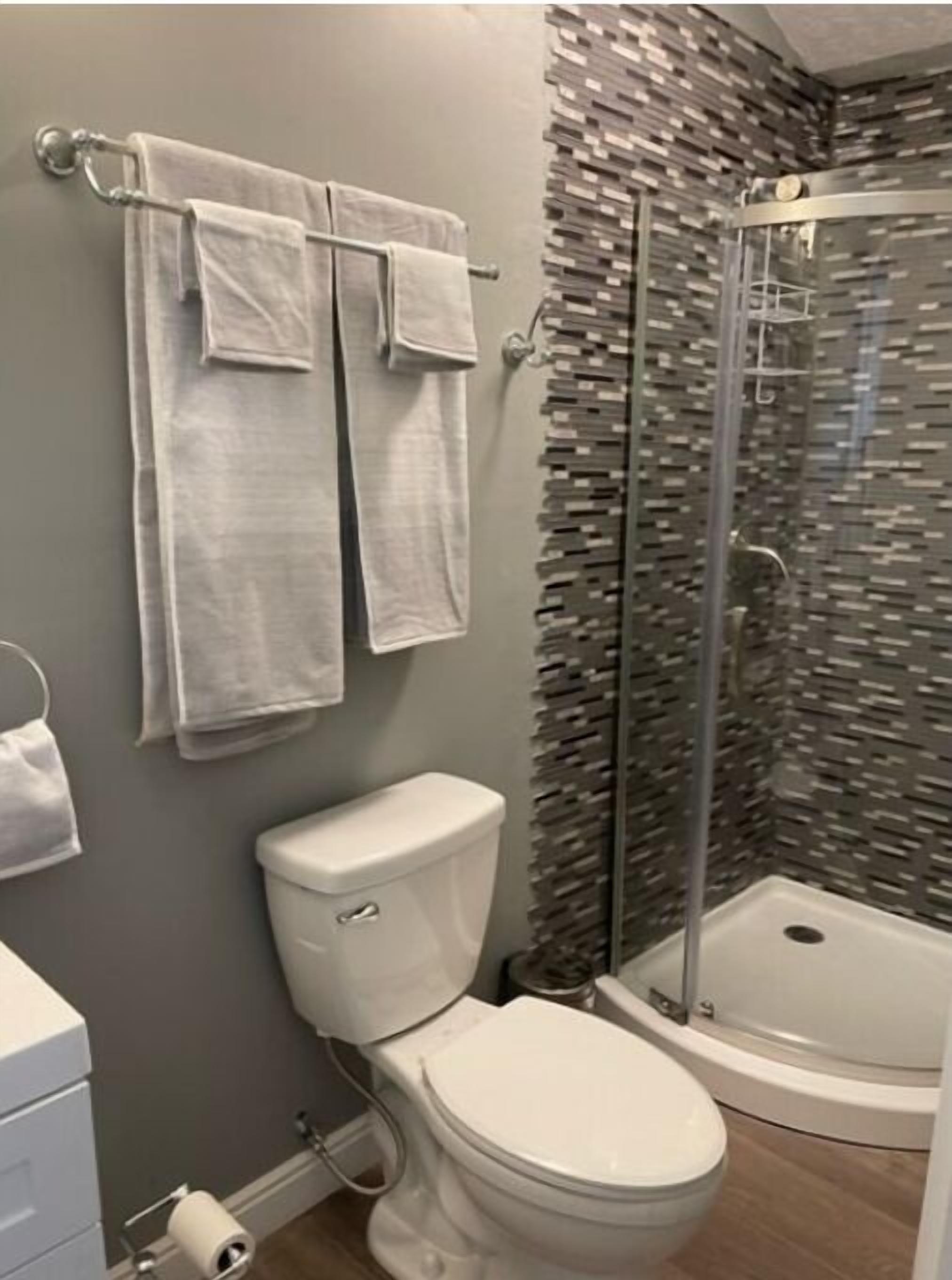 Ein Badezimmer mit Toilette, Dusche und Handtuchhalter mit zwei Handtüchern.
