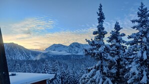 A mountain landscape with snow-covered trees and a wooden building with a balcony. - Apartment 6pers, balcony, mountain view (Chamrousse)