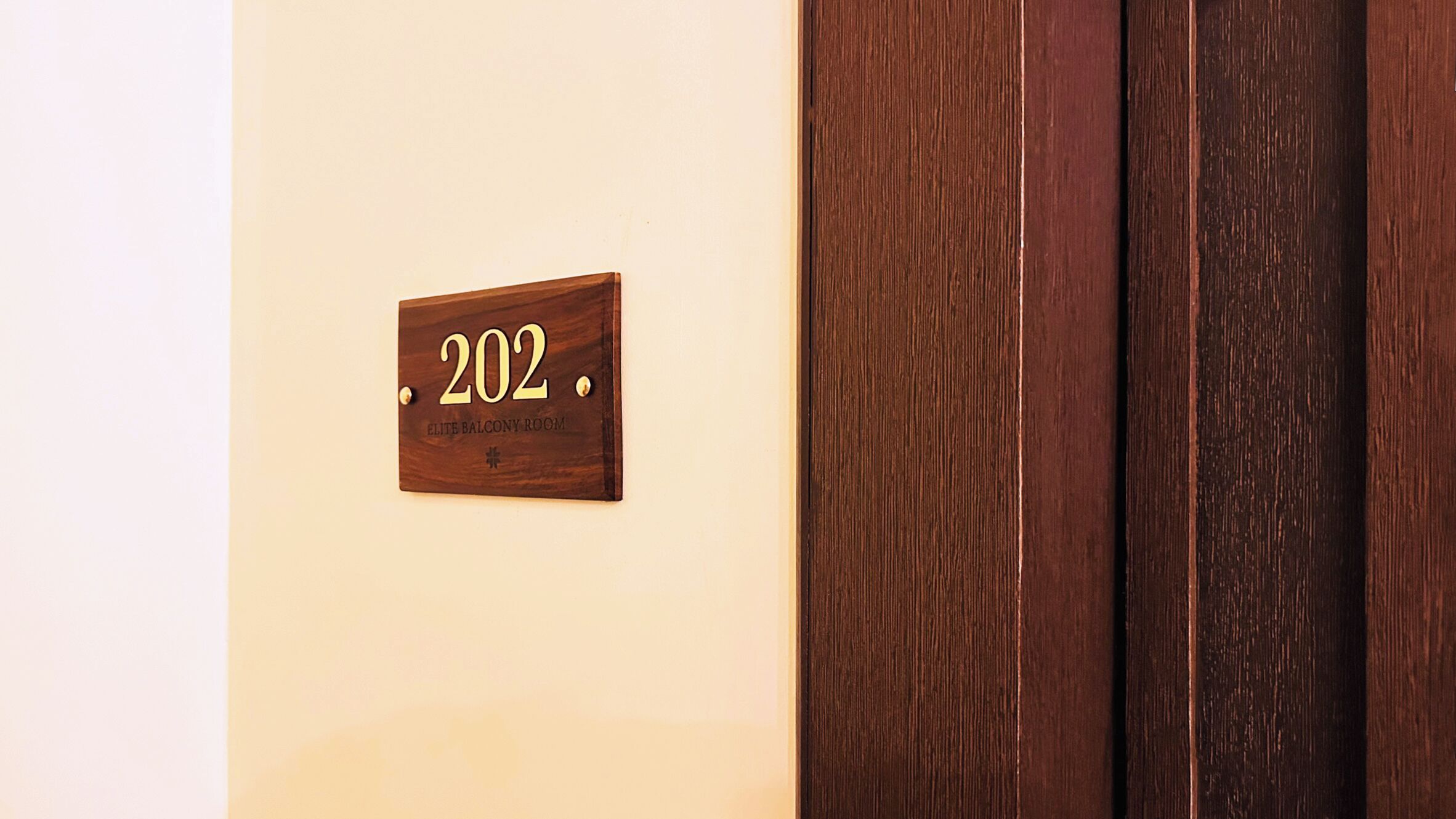 A wooden door with a sign indicating '202 ELITE BALCONY ROOM'.