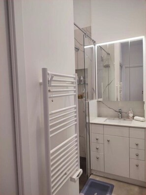 Douche, séchoir à cheveux, serviettes fournies, savon