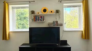 A living room with a flat-screen TV on a black stand, two windows with yellow curtains, and a bookshelf with books and decorative items.