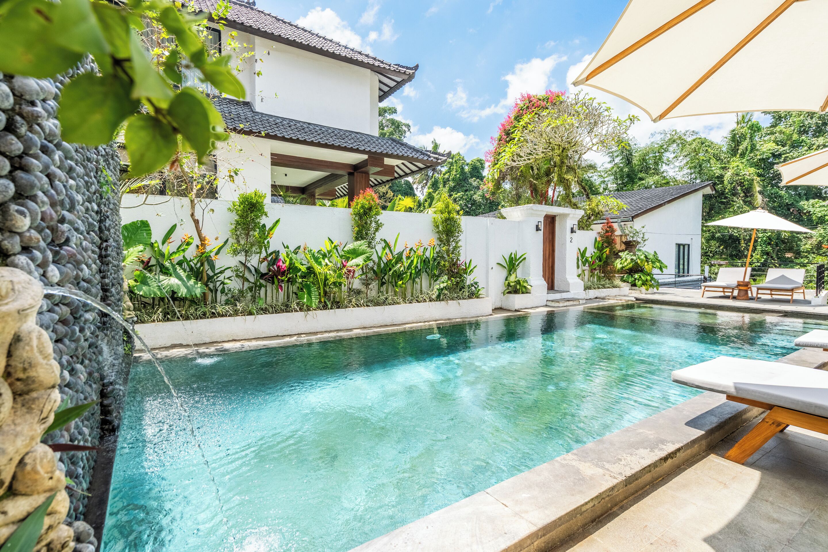 Outdoor pool, pool umbrellas, pool loungers