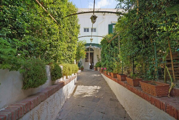 A narrow stone pathway flanked by lush greenery and potted plants, leading to a building with a green roof and arched entrance.