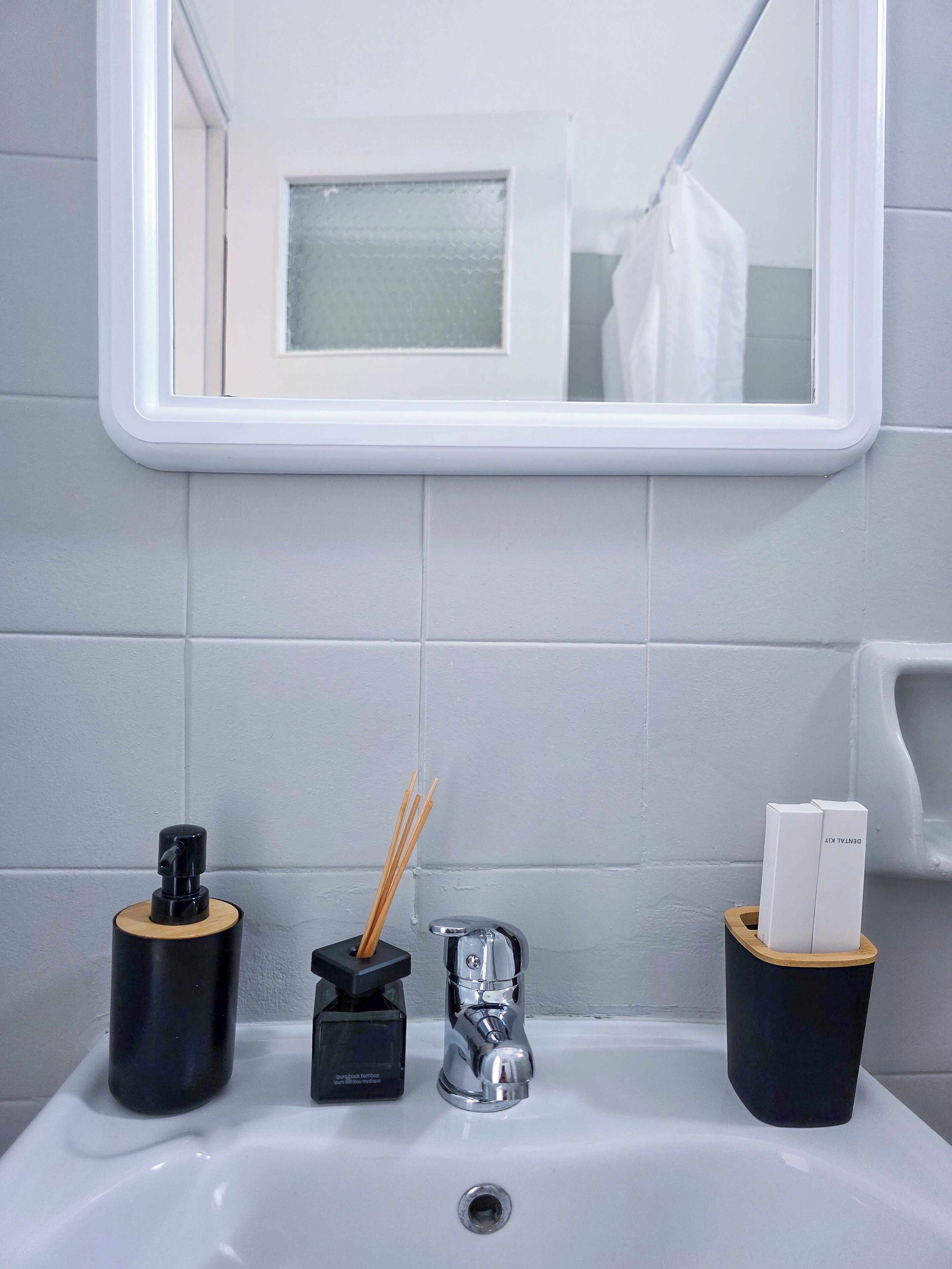 Hair dryer, towels, soap, toilet paper