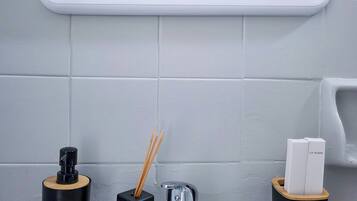 Hair dryer, towels, soap, toilet paper