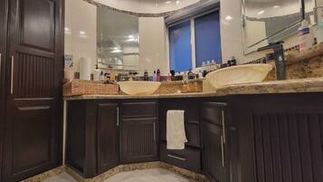 Shower, hair dryer, bidet, towels