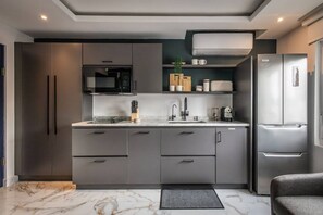 Réfrigérateur, micro-ondes, plaque de cuisson, cafetière/bouilloire