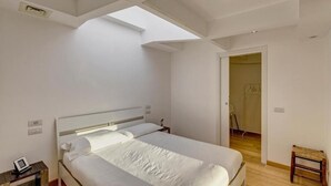 A bedroom with a large bed, a skylight, a bedside table, and a chair.